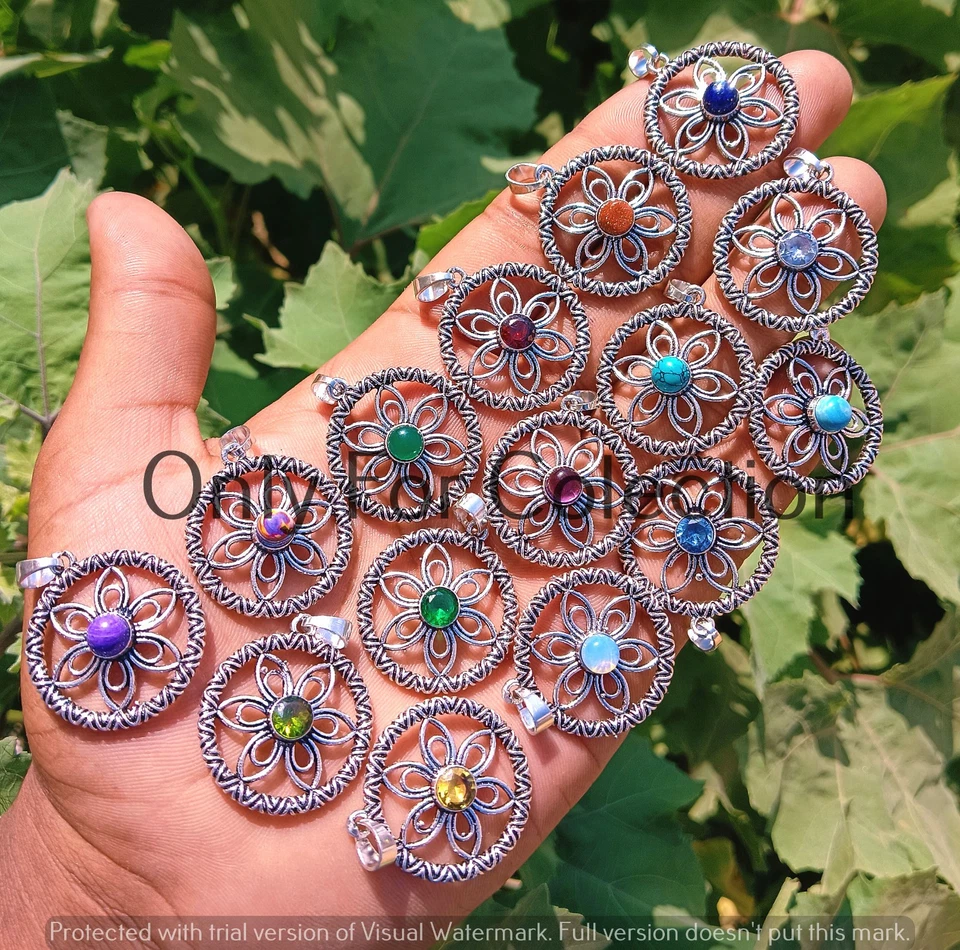 Opalite & Mix Gemstone 925 Sterling Silver Plated Flowers Pendant Lot Jewelry - Image 3 of 3