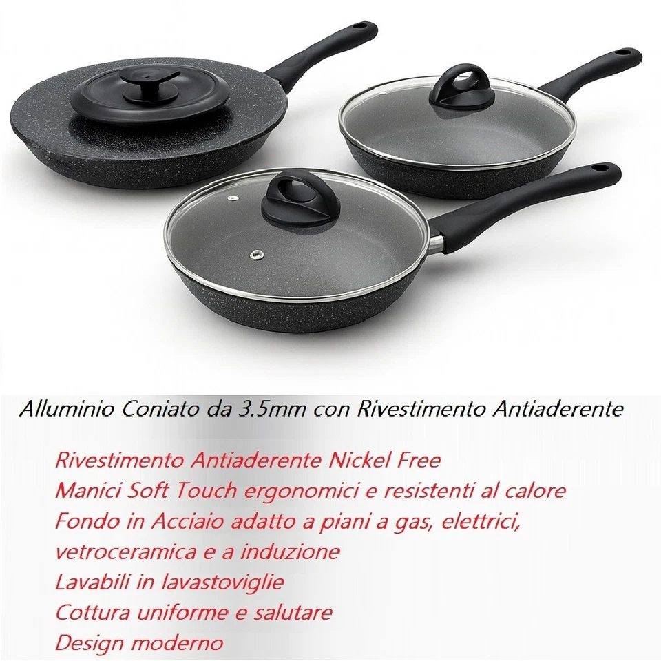 Set Padelle 6pz Pietra con Coperchio Magico Antiodore Padelle 24 28 32 Induzione - Immagine 2 di 4