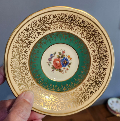 AYNSLEY, Orphan Saucer, Green, Yellow, GOLD, with flowers in center, ONE pc