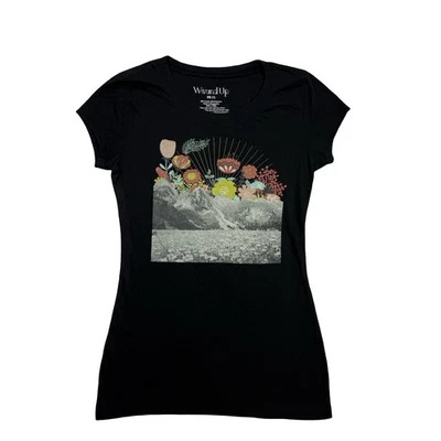 Wound Up Shirt Womens XS Black Floral Mountain Flowers Short Sleeve Crew Neck - Image 1 of 4
