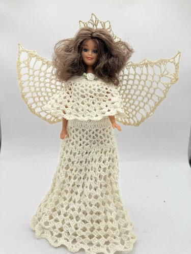 Vintage Handmade Crocheted Angel Christmas Doll with Stand Barbie