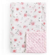 Muslin Minky Baby Blanket for Girls with Muslin Cotton Front and Dotted Fleec...