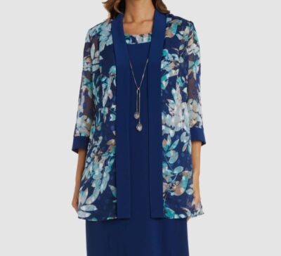 R & M Richards Women's Blue Floral Printed Open Front Jacket Size 8