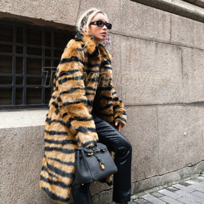 Faux Tiger Fur Clothing Eco-friendly Fur Coat Casual Long Style Faux Tiger Fur Clothing Eco-friendly Fur Coat Casual Long Style