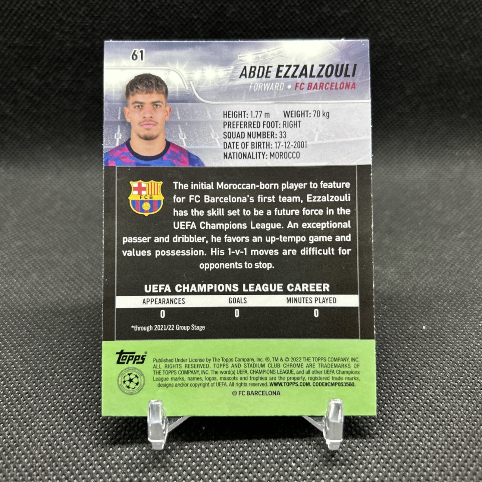 2021 Topps Stadium Club Chrome UEFA Abde Ezzalzouli Blue Prizm RC FC Barcelona view 2