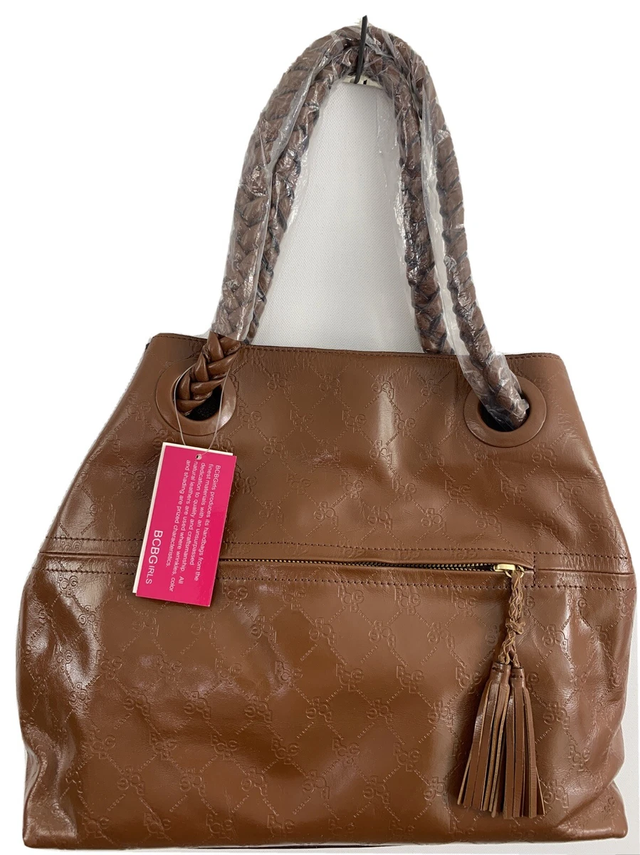 BCBGirls GENUINE LEATHER Brown HANDBAG PURSE TOTE BAG Braided straps
