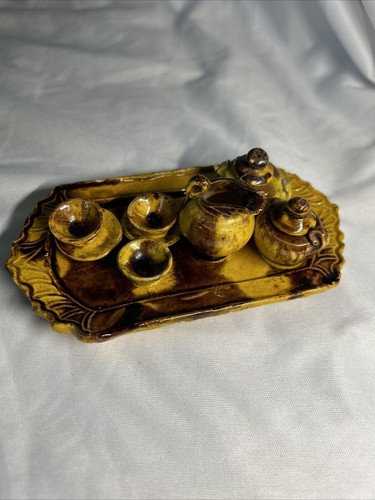 Vintage Studio Pottery Miniature Tea Set Gold & Brown Tortoise Shell Drip Glaze - Picture 7 of 7