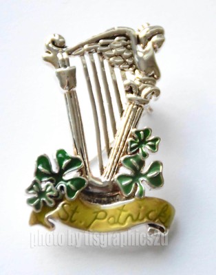 St. Patrick's Day Pin/ Brooch ~ Silver-tone / Irish Shamrocks / Harp