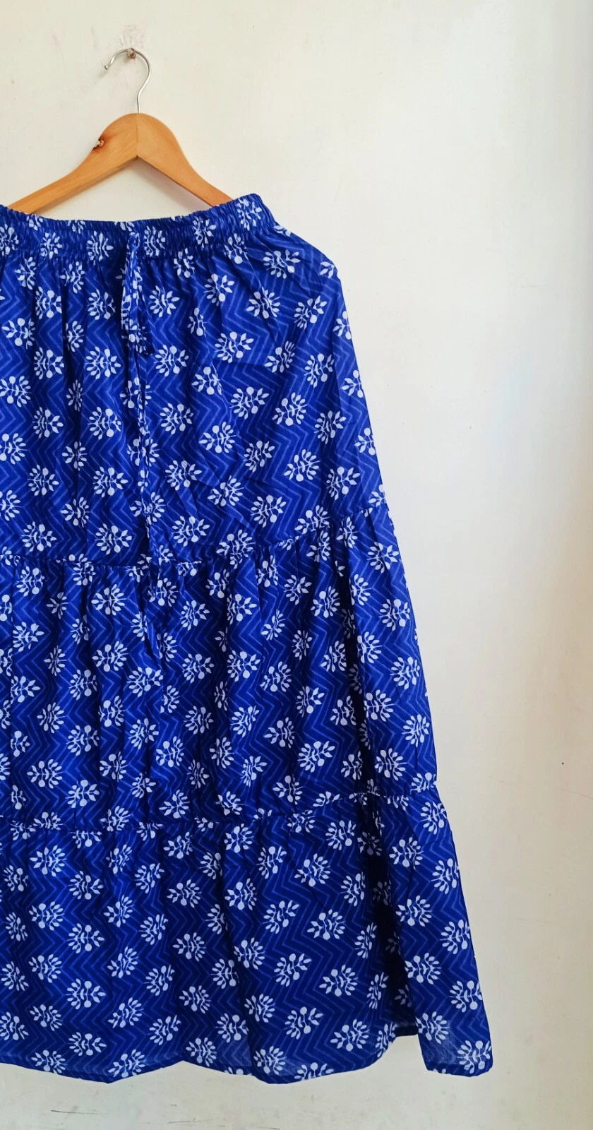 Indian Blue Floral Print Frill Skirt Cotton Skirt Long Skirt Free Size Beachwear