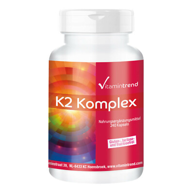 Vitamin K2 Komplex - 240 Kapseln für 8 Monate, Menaquinon MK4 + MK7 Vitamintrend