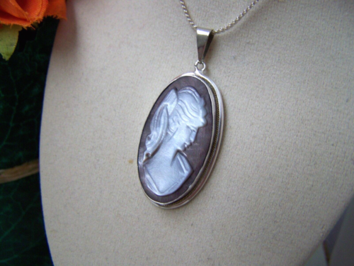 VINTAGE 925 STERLING SILVER MOTHER OF PEARL CAMEO PENDANT 16" CHAIN NECKLACE - Picture 12 of 15