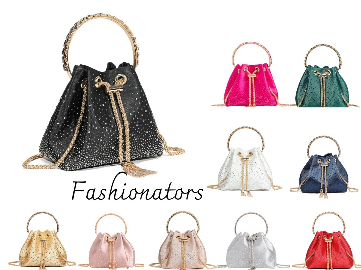 Womens Diamante Bucket Evening Clutch Bag Top Handle Tassel Weddings Party  Purse