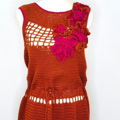 Handmade Crochet Knit Orange Dress /Drawstring Waist/ Pink Flower Accents  SZ S/M | eBay