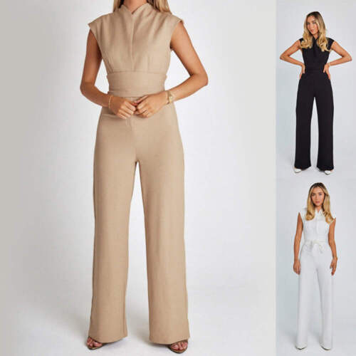Elegant Long Sleeveless Jumpsuit - Summer V-neck Casual Wide Leg Long Overalls C