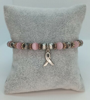 Sterling Silver Breast Cancer Awareness Ribbon Stretch Bracelet Pink Beads 