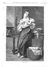 First Caresses  -  Mother with Baby  -   by Bouguereau   -  1870 Antique Print 