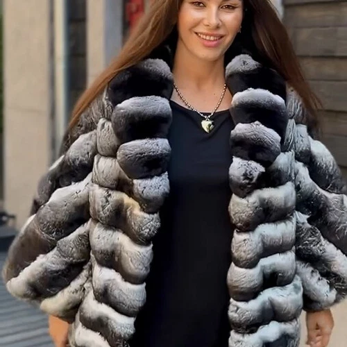 2025 Elegante Frauen Echte Rex Kaninchen Pelz Mantel Chinchilla Mantel Neu Jacke - Picture 3 of 8