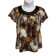 Notations Blouse Top Womens Size Large Brown Tan Mixed Print Short Sleeve Beaded