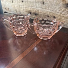 Vintage Jeannette Glass Creamer Sugar Bowl Pink Depression Glass Cube Cubist