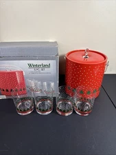 Libbey Winterland Ice Bucket & Glasses 5 Pc Christmas Set 3 Qt 14oz Tumblers VTG