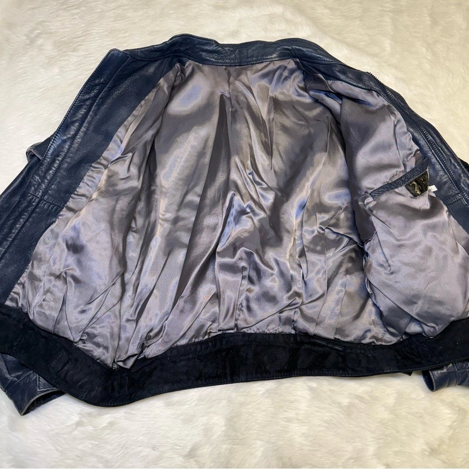 80s Vintage Vera Pelle navy leather bomber jacket - Image 4 of 4