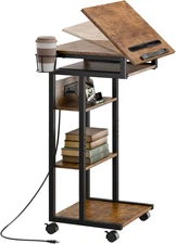 Couch Table with Charging Station and Storage Shelves 360°Swivel End Table