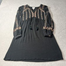 Knox Rose Womens Black Dress XS Long Sleeve Embroidered Tassel Tie Crinkle Boho