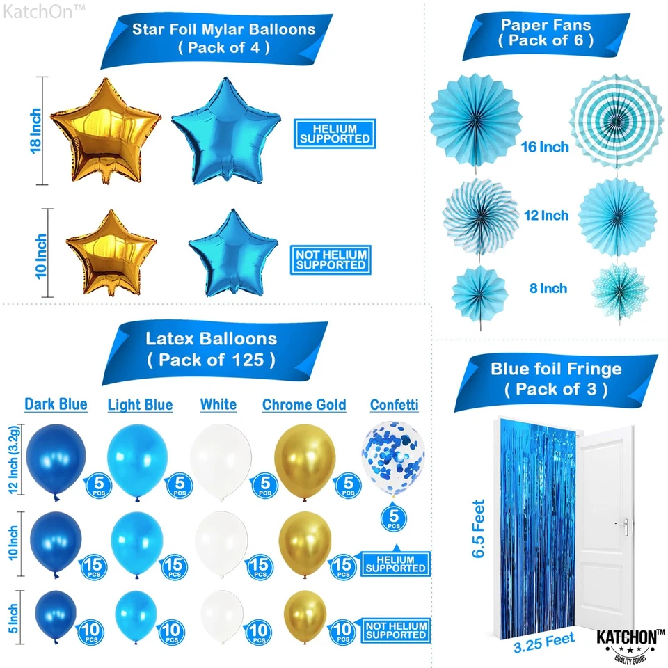 , Juego de Decoraciones de Fiesta Azul - Pack de 164 | Arco Globo Blanco, Azul y Dorado... Foto 3 de 4