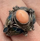 Antiqued Chinese Export Coral Ring 7.5 Blue Enamel Butterfly Ring, 925 Sterling