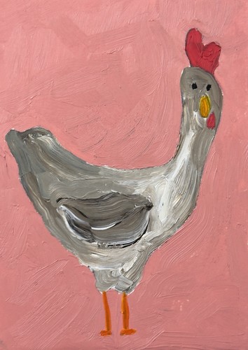 ACEO Original Painting, Chicken Hen Abstract Oil Art, ATC, Silly Bird Animal