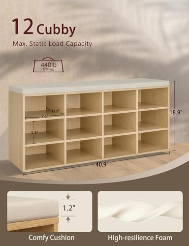 Shoe Storage Bench with Cushion, 12-Cubby Shoe Rack, Adjustable Shelves, - Picture 3 of 7