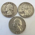 Lot of 3 Coin US Quarter 25c Washington 1957D 1958D 1959D Circulated