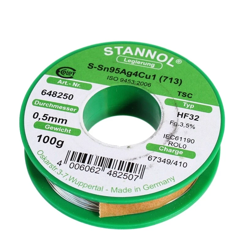 SMD-Lötzinn 100 Gramm ø0,5mm Sn95,5Ag3,8Cu0,7 halogenfrei von Stannol