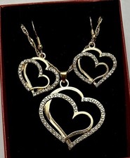 Double Heart Necklace And Earrings Set Crystals Gold Plated 18  In Gift Box