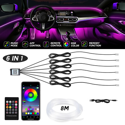 6 IN 1 LED 8M 2mm RGB Car Interior Light Strip Fiber Optic Neon Atmosphere Wires