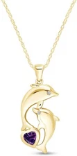 Dolphin Pendant Necklace 18" Simulated Amethyst 14K Yellow Gold Plated Sterling