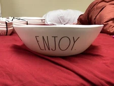 RAE DUNN MELAMINE LARGE 12 INCH SERVING BOWL "ENJOY" WHITE/ BLACK
