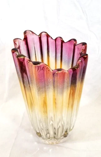 VTG Federal Glass Ribbed Marigold Celestial Iridescent Rainbow Carnival Vase 8"