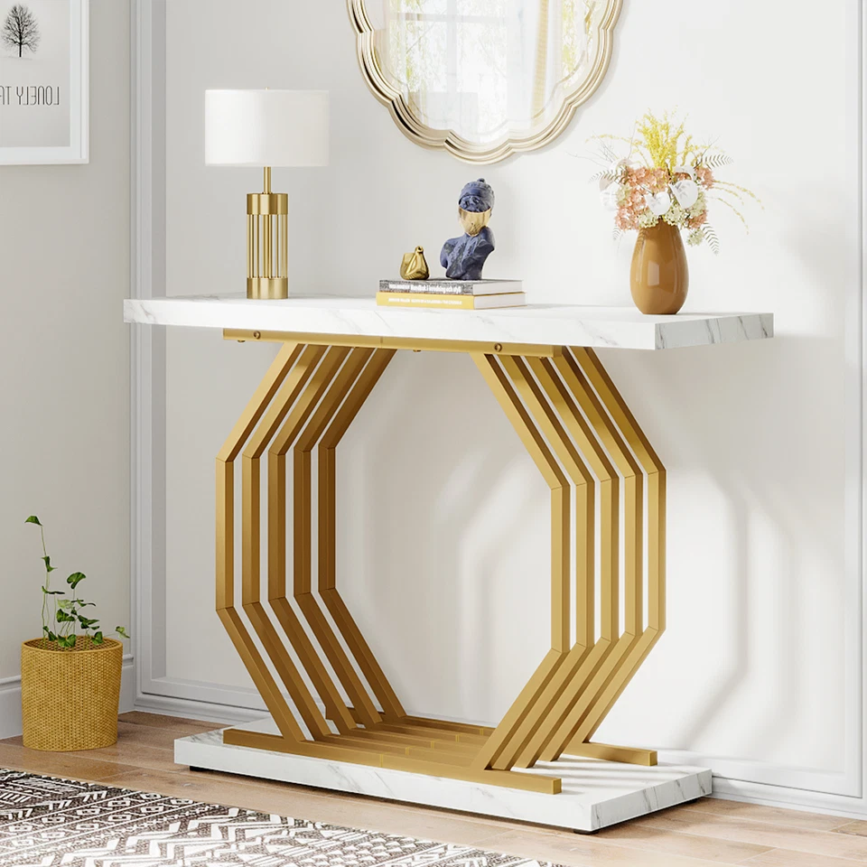 Faux Marble Entryway Console Table Narrow Sofa Table with Geometric Metal Base - Image 2 of 4