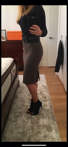 Theory Pencil Skirt Sz8 Tan Tweed Wool Blend Knee Length BackSlit - Picture 2 of 12