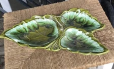 Vintage 1950 GREEN Pottery Dish 3 Leaf Bowl Serving Dish Or Keys Bowl