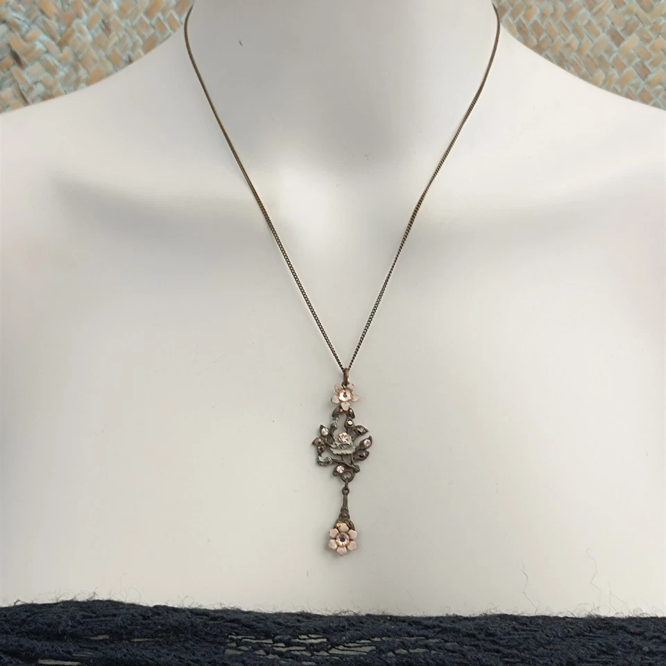 Collar Michal Negrin Romántico Shabby Chic Rosa Flor Esmalte Cristales Boho De Colección Foto 3 de 4