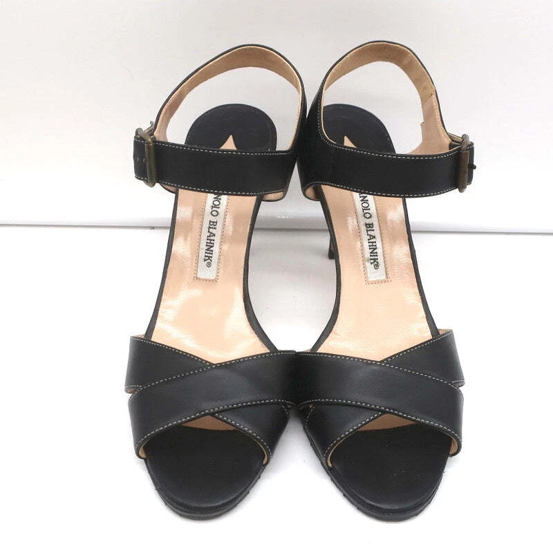 Manolo Blahnik 十字交叉凉鞋黑色皮革 39 码踝带高跟鞋 — 第 3/4 张图片