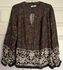 Natural Life Dara Boho Tunic Top Floral Peasant Tassels Green Festival Flowy - L