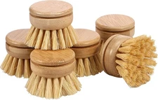 Bamboo Dish Brush - 6 Replacement Heads, Soft Sisal Bristle Scrubber, Wooden 