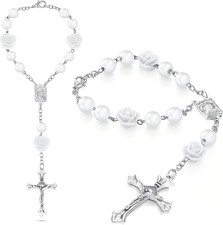 2PCS Car Rose Rosary Rearview Mirror Pendant, White Cross Decor