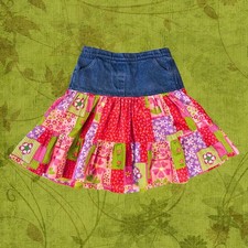 VTG Girls Patchwork Print Skirt Denim Waist Boho Cottagecore Fairycore Sz 8 10