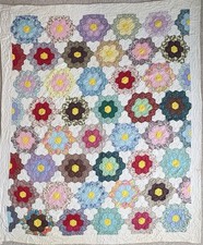 Antique Hand Sewn Flower Garden Quilt - Circa 1930 - 6.5ft X 5.5ft