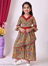Girls Blue Printed Layered Kurta with Palazzo Set Traditional Ethnic Wear