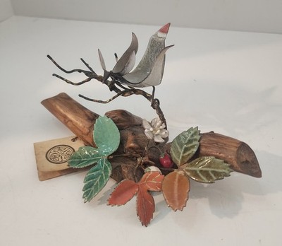 Norman BRUMM Enameled Black Capped Chickadee W/Wild Strawberry On Burlwood